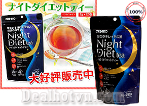 Trà giảm cân Orihiro Night Diet tea nhập khẩu từ Nhật Bản không chứa cafein mà chứa những thảo dược có tác dụng đốt cháy mỡ thừa, an thần, giúp ngủ ngon hơn, sâu hơn. Giá 180.000đ
